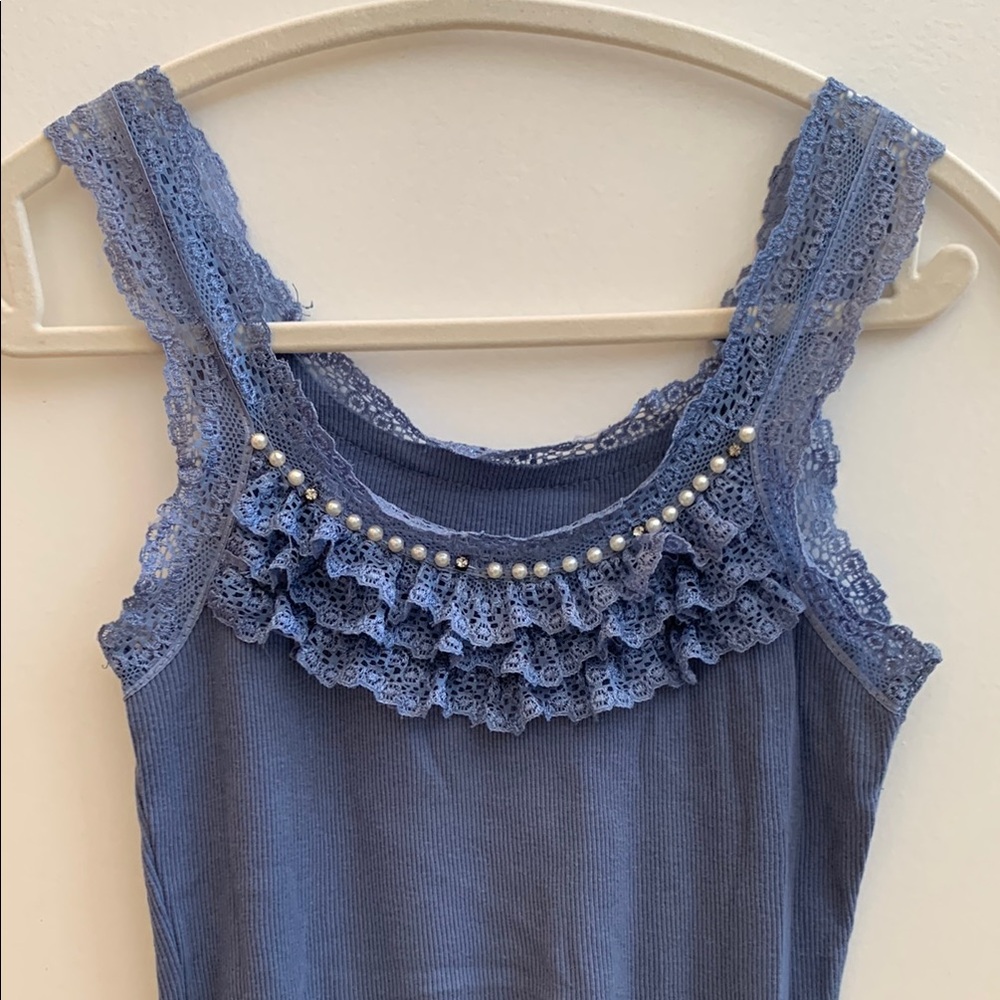 Lace Trim Pearl Accent Blue Tank Top